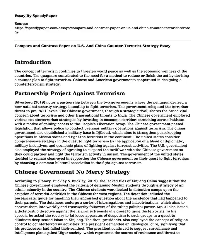 Compare and Contrast Paper on U.S. And China Counter-Terrorist Strategy