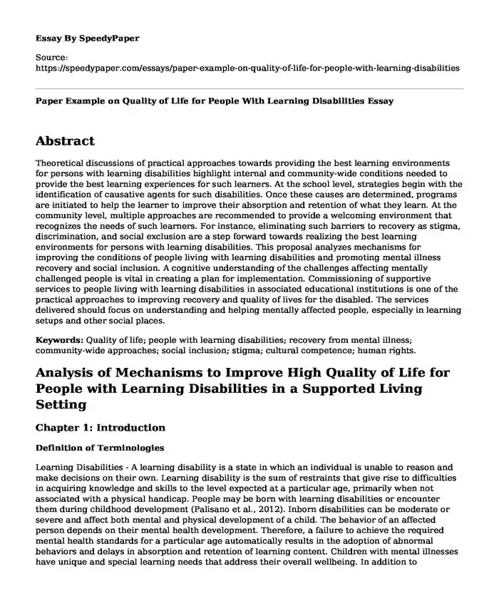 Paper Example on Quality of Life for People With Learning Disabilities