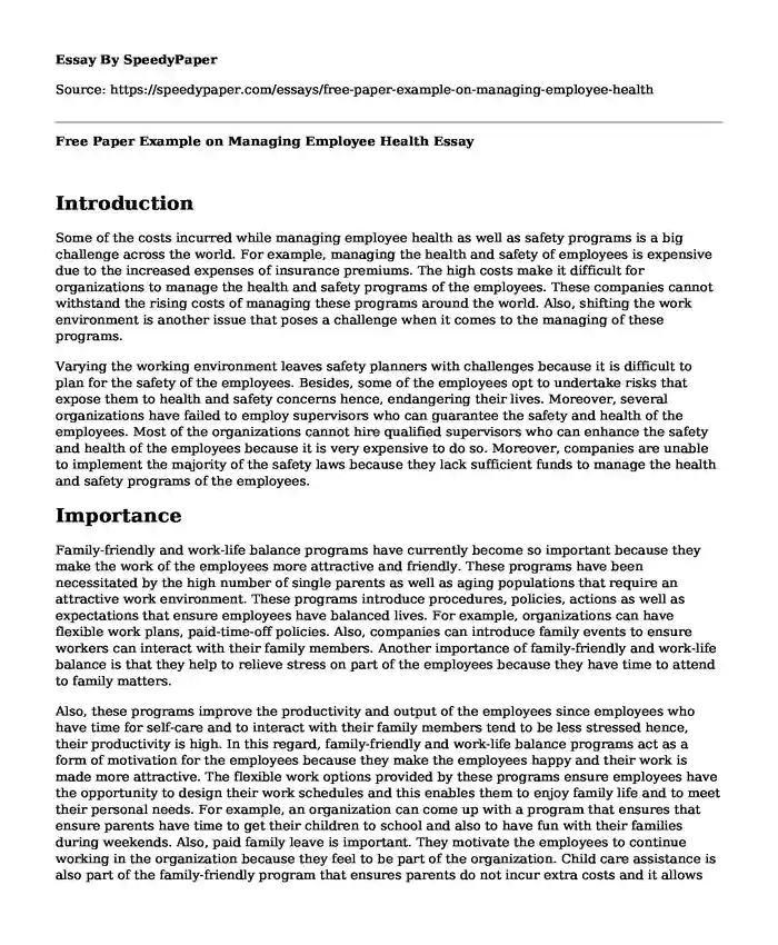 Free Paper Example on Managing Employee Health