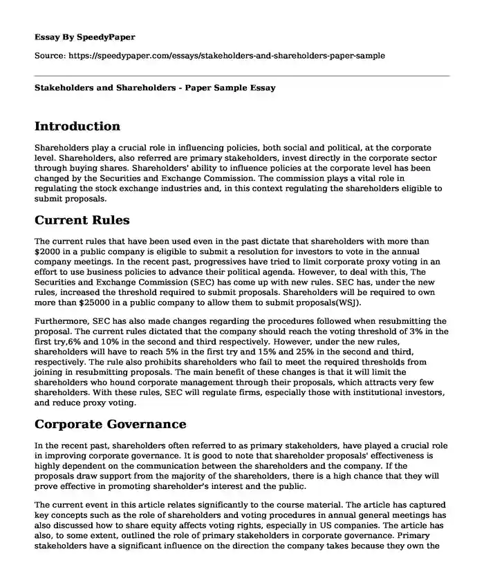 Stakeholders and Shareholders - Paper Sample