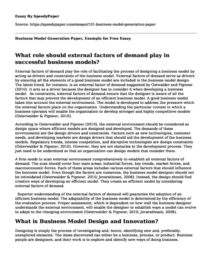 Business Model Generation Paper, Example for Free