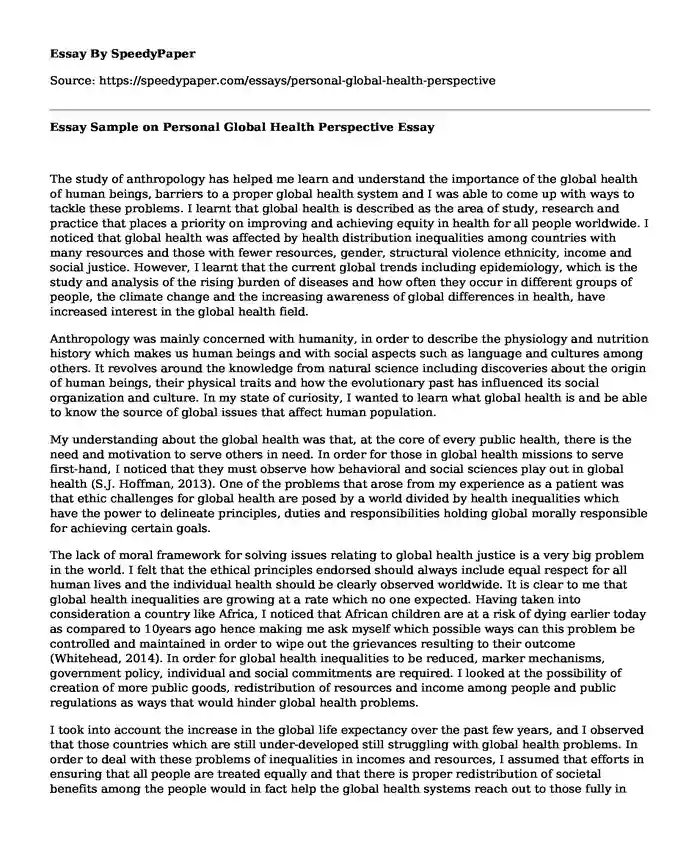 Essay Sample on Personal Global Health Perspective