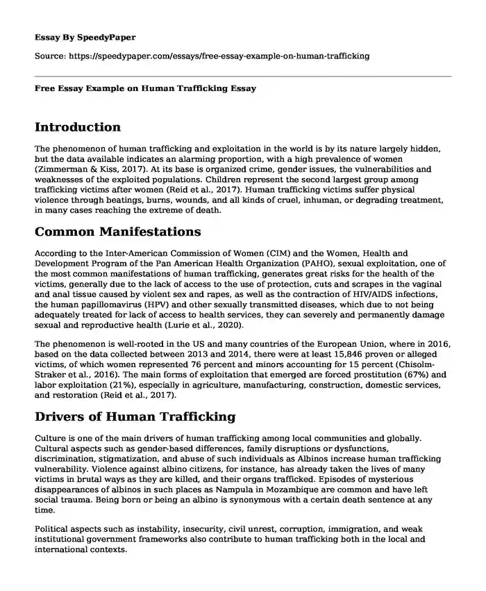 Free Essay Example on Human Trafficking 