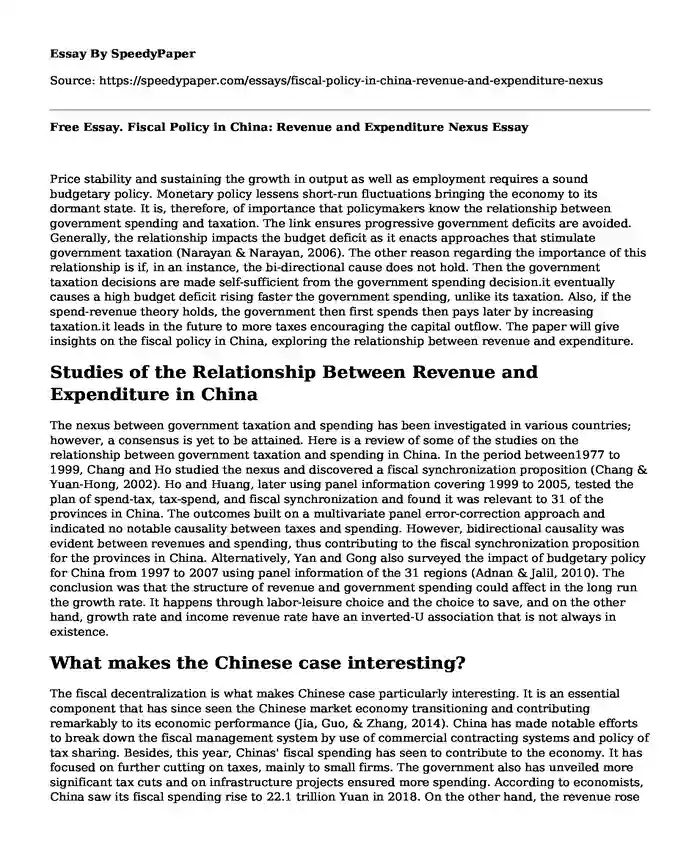 Free Essay. Fiscal Policy in China: Revenue and Expenditure Nexus