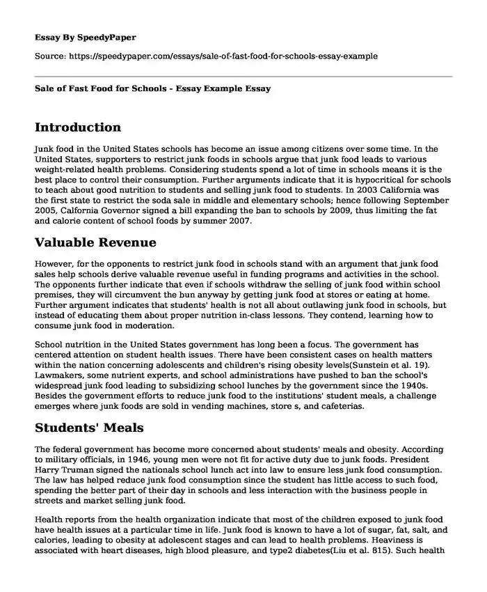 Sale of Fast Food for Schools - Essay Example