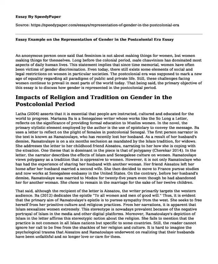 Essay Example on the Representation of Gender in the Postcolonial Era