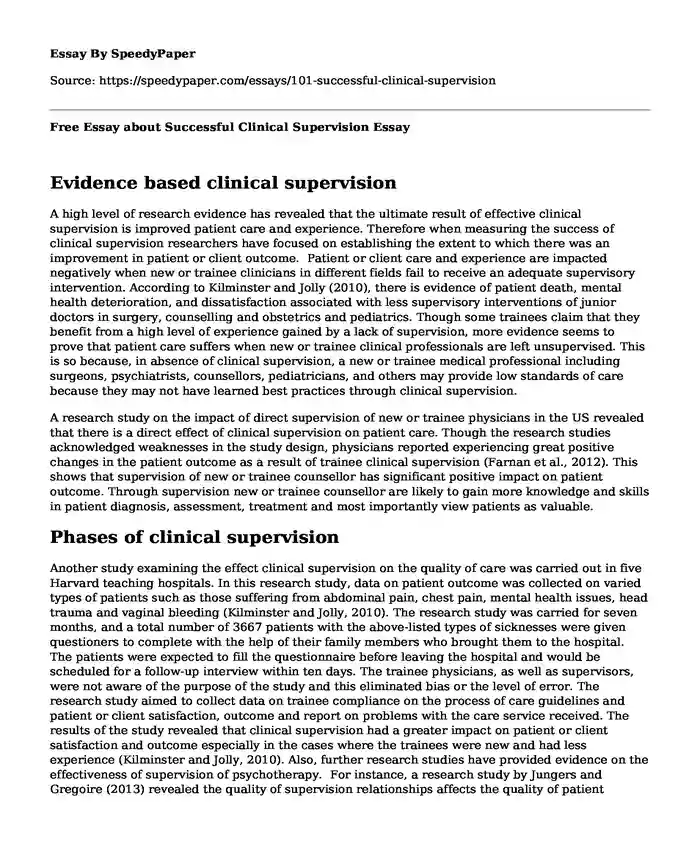 Free Essay about Successful Clinical Supervision 