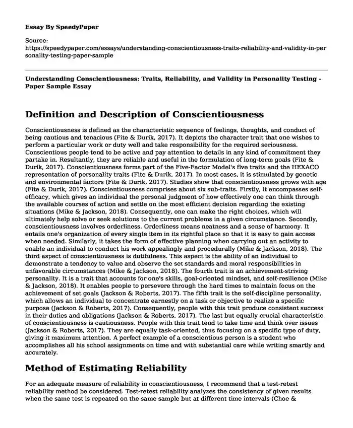 Understanding Conscientiousness: Traits, Reliability, and Validity in Personality Testing - Paper Sample