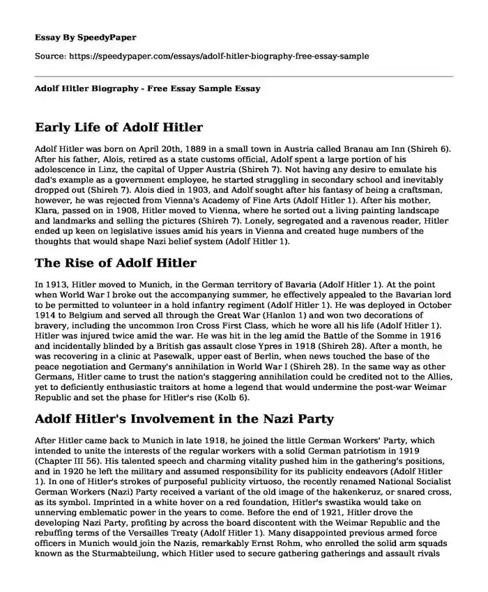 Adolf Hitler Biography - Free Essay Sample