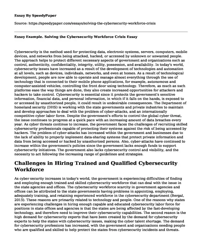 Essay Example. Solving the Cybersecurity Workforce Crisis
