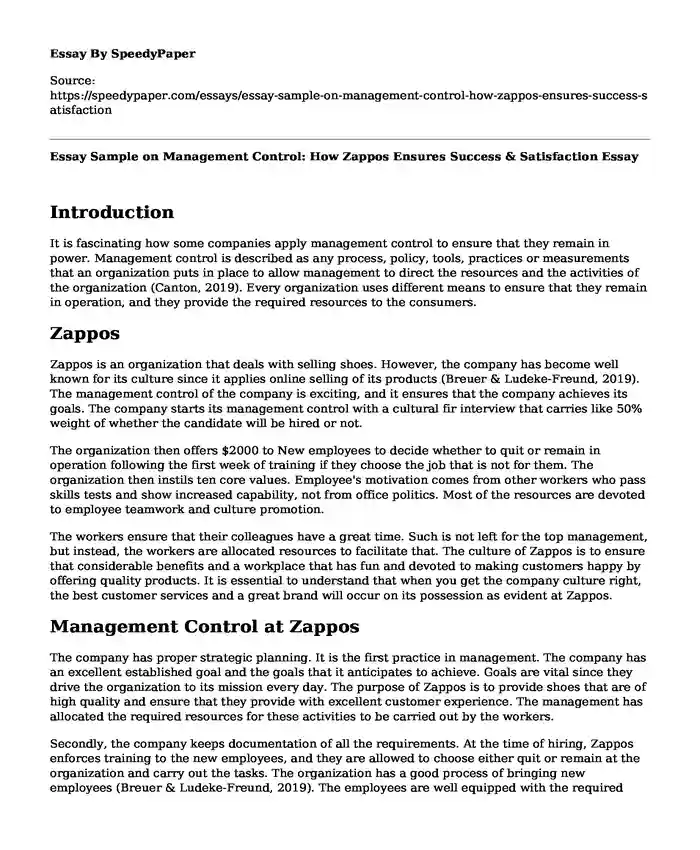 Essay Sample on Management Control: How Zappos Ensures Success & Satisfaction