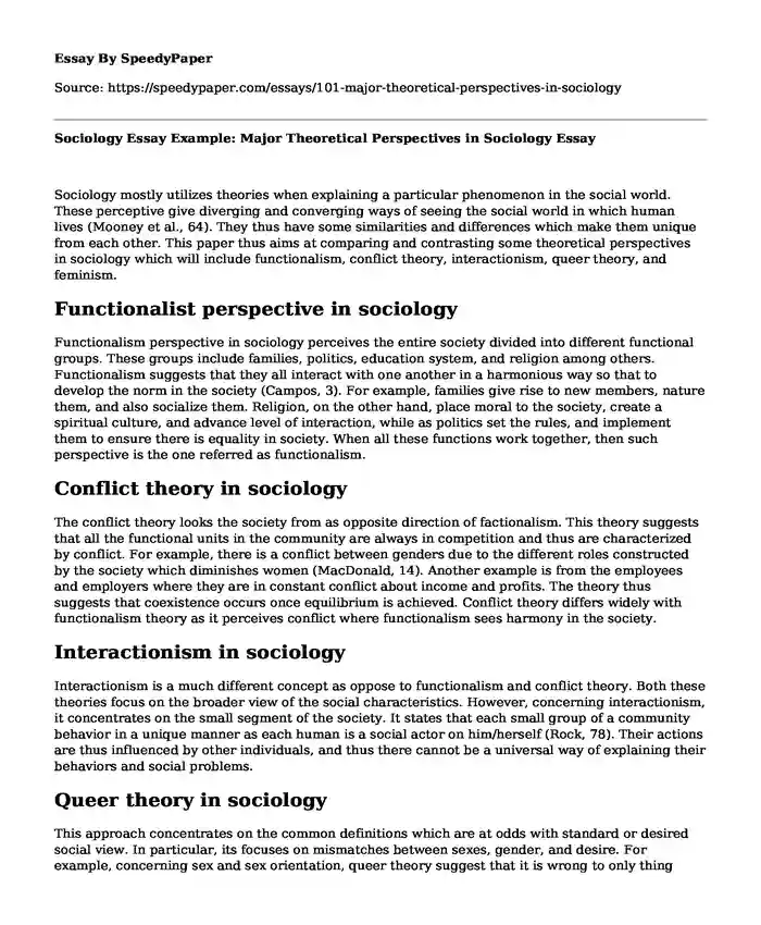 Sociology Essay Example: Major Theoretical Perspectives in Sociology