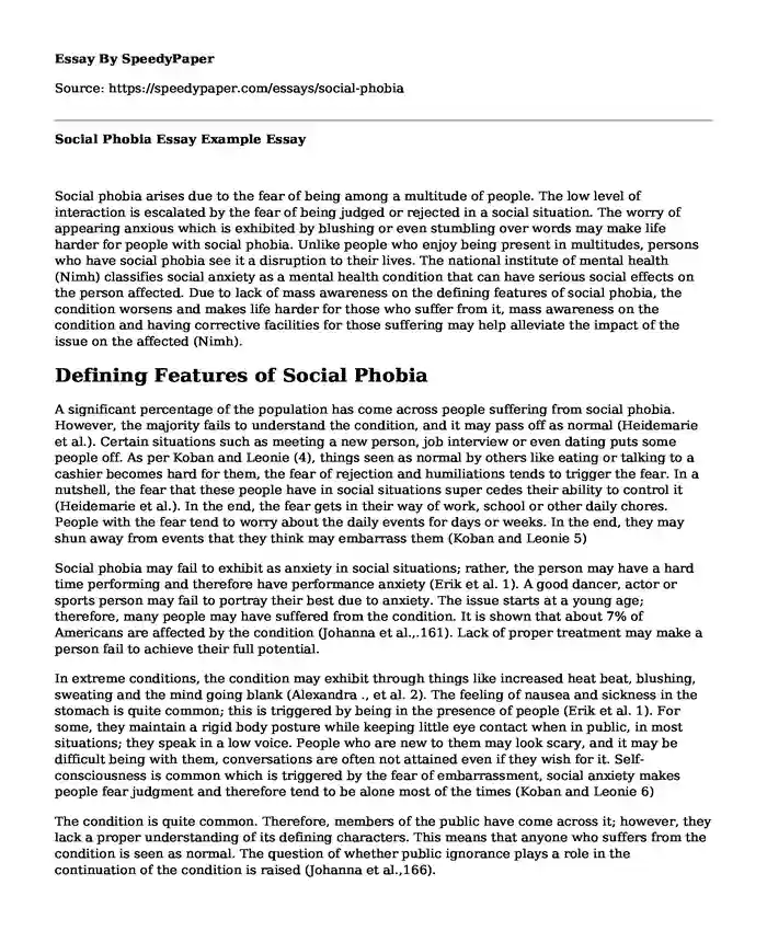 Social Phobia Essay Example