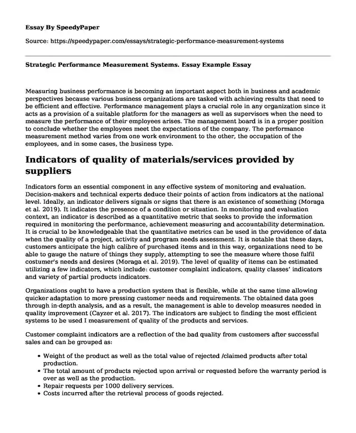 Strategic Performance Measurement Systems. Essay Example