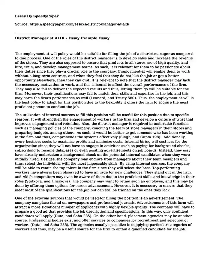District Manager at ALDI - Essay Example