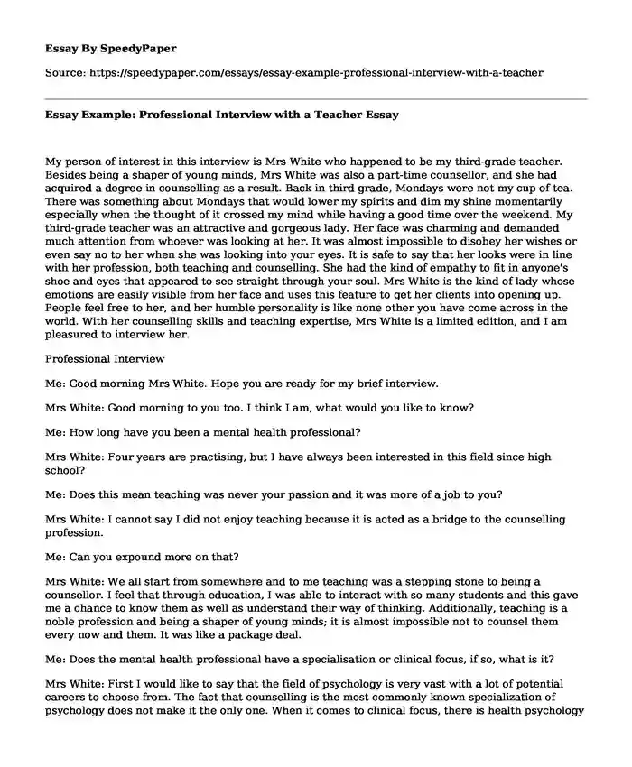 Essay Example: Professional Interview with a Teacher