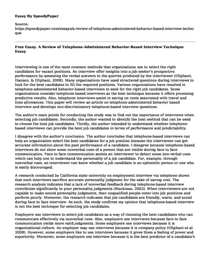 Free Essay. A Review of Telephone-Administered Behavior-Based Interview Technique