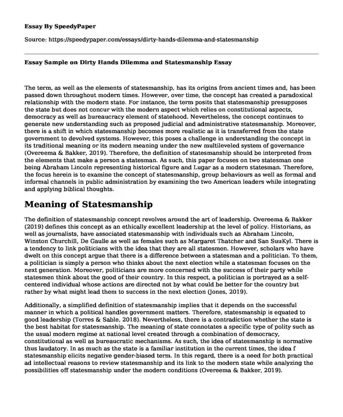 Essay Sample on Dirty Hands Dilemma and Statesmanship