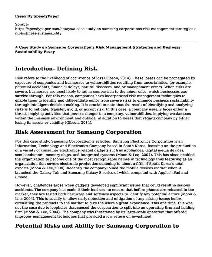 A Case Study on Samsung Corporation's Risk Management Strategies and Business Sustainability