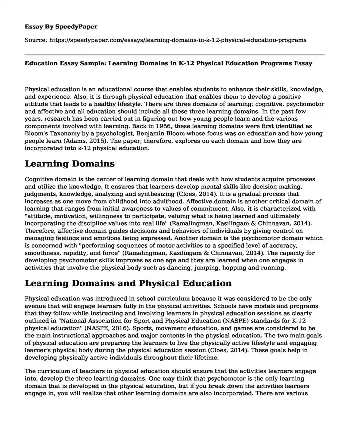 Education Essay Sample: Learning Domains in K-12 Physical Education Programs
