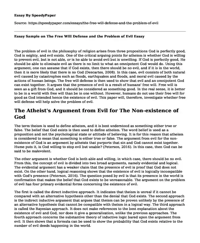 Essay Sample on The Free Will Defense and the Problem of Evil