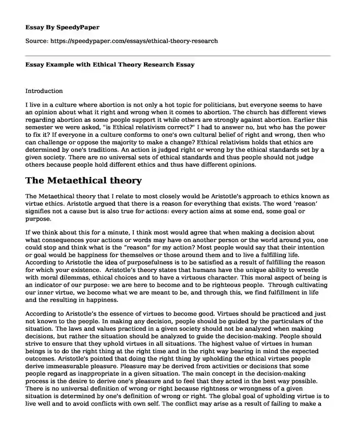 Essay Example with Ethical Theory Research