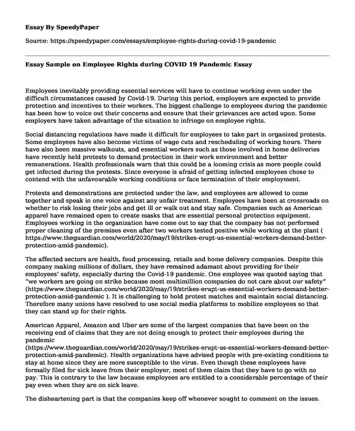 Essay Sample on Employee Rights during COVID 19 Pandemic