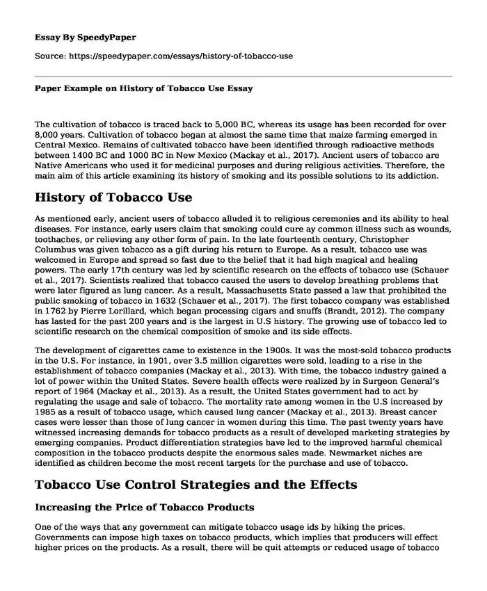Paper Example on History of Tobacco Use