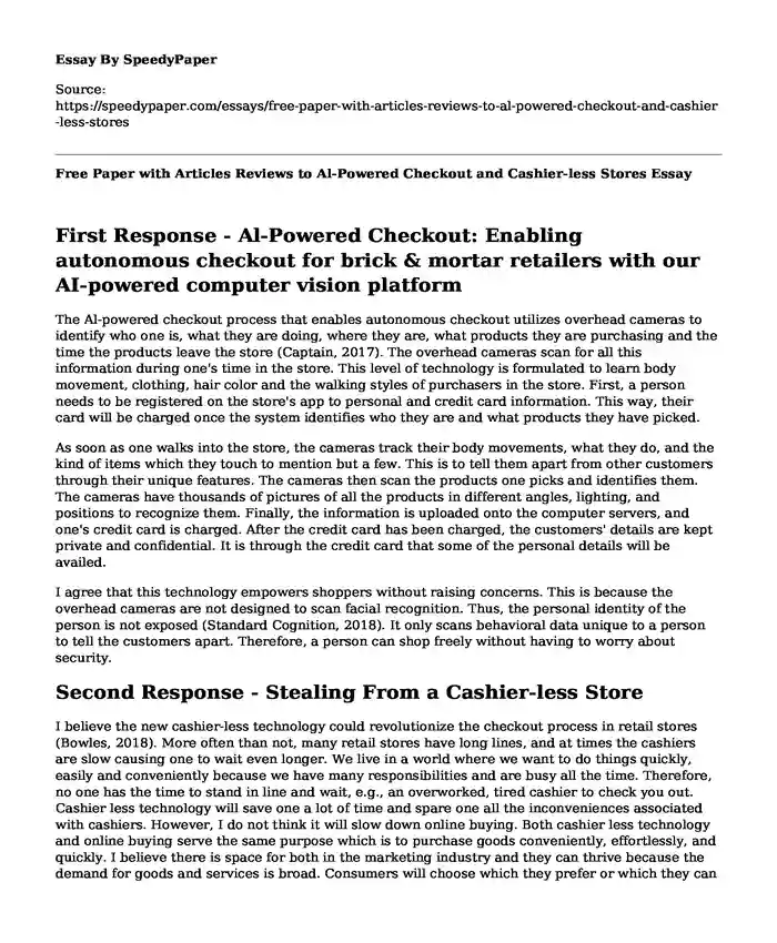 Free Paper with Articles Reviews to Al-Powered Checkout and Cashier-less Stores