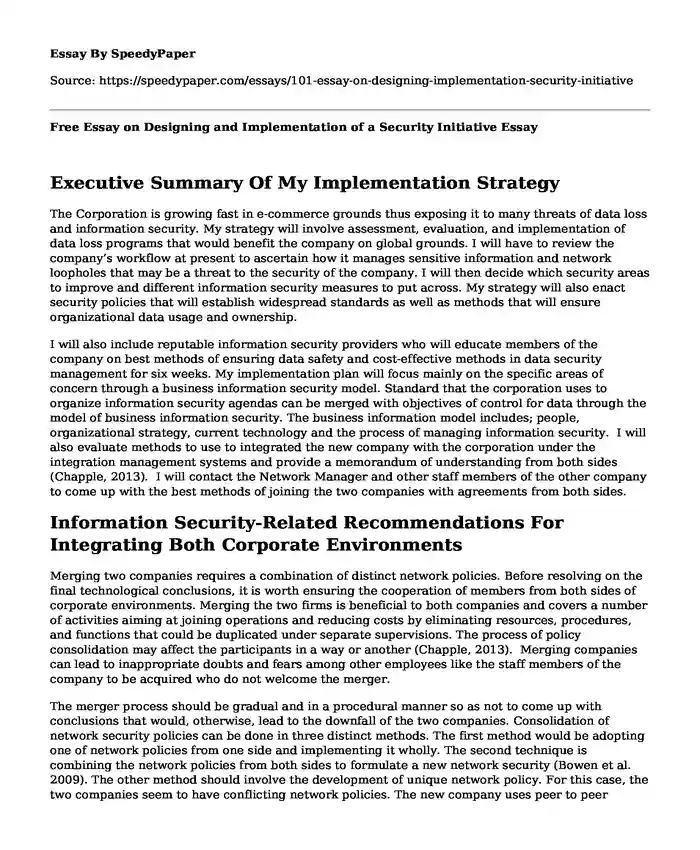 Free Essay on Designing and Implementation of a Security Initiative