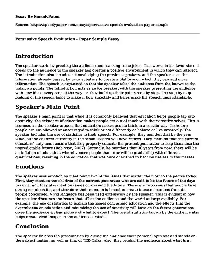 Persuasive Speech Evaluation - Paper Sample