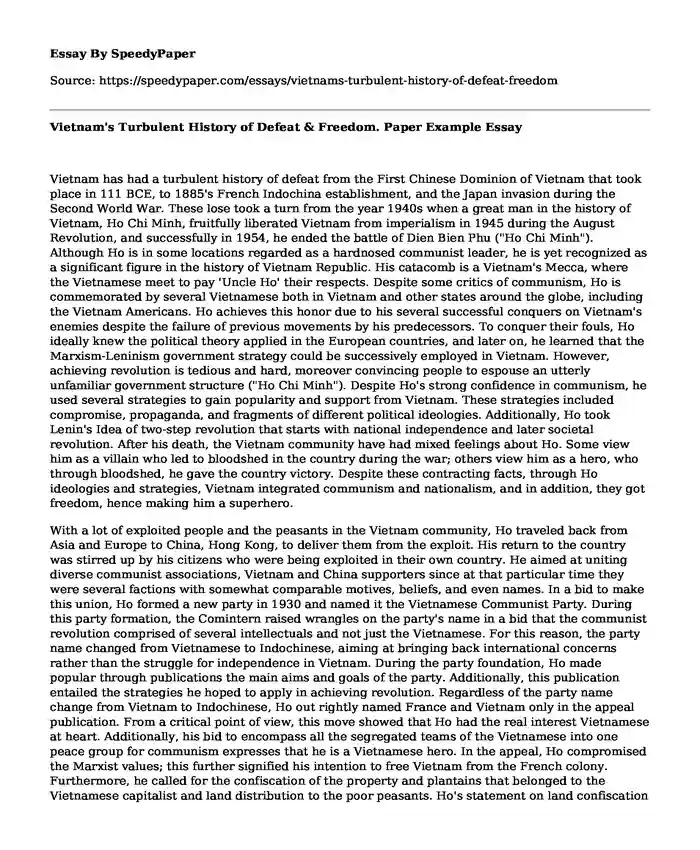 Vietnam's Turbulent History of Defeat & Freedom. Paper Example