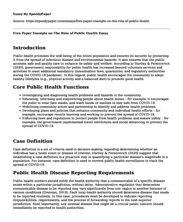 Free Paper Example on The Role of Public Health