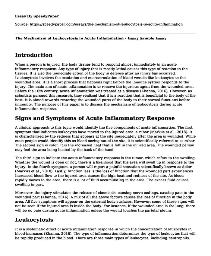 The Mechanism of Leukocytosis in Acute Inflammation - Essay Sample