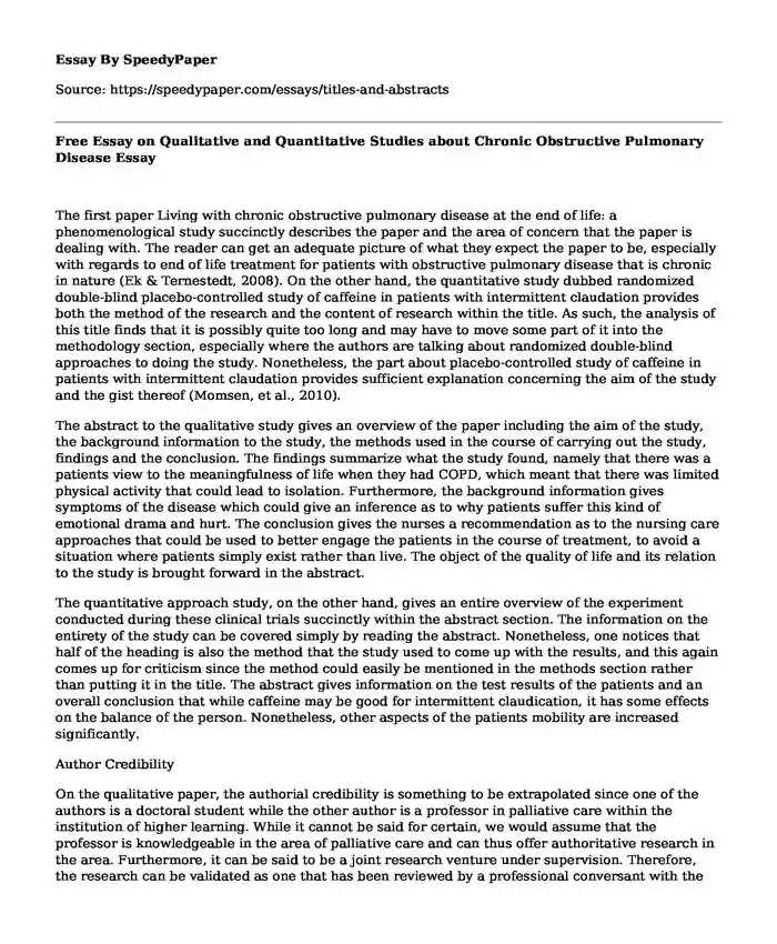 Free Essay on Qualitative and Quantitative Studies about Chronic Obstructive Pulmonary Disease