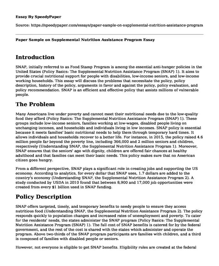 Paper Sample on Supplemental Nutrition Assistance Program 