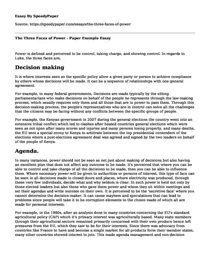 The Three Faces of Power - Paper Example