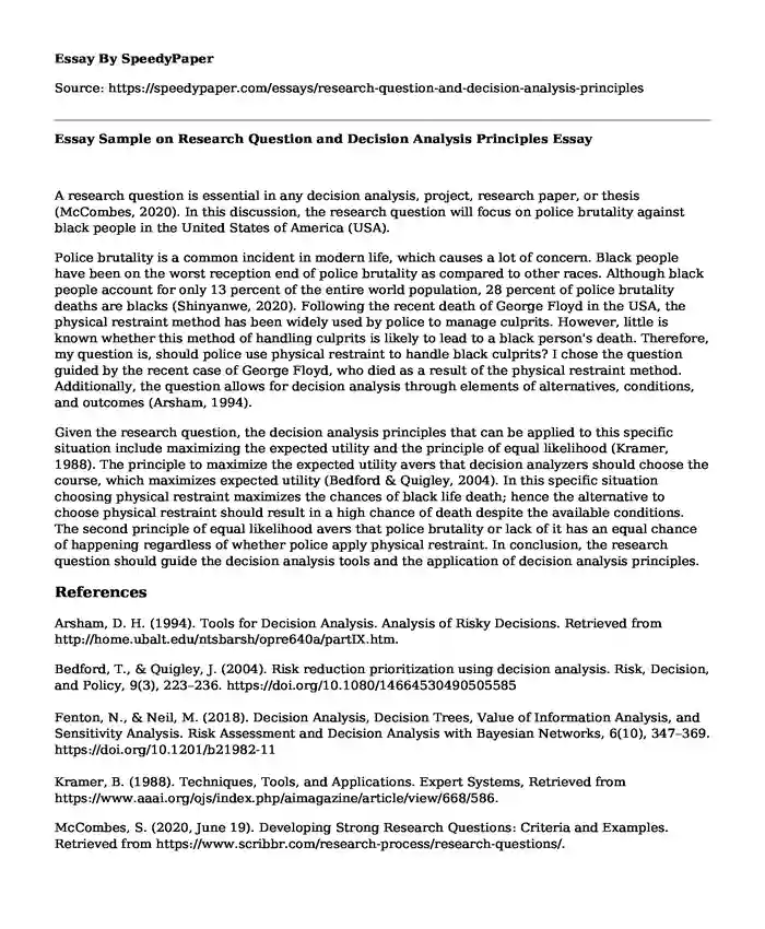 Essay Sample on Research Question and Decision Analysis Principles