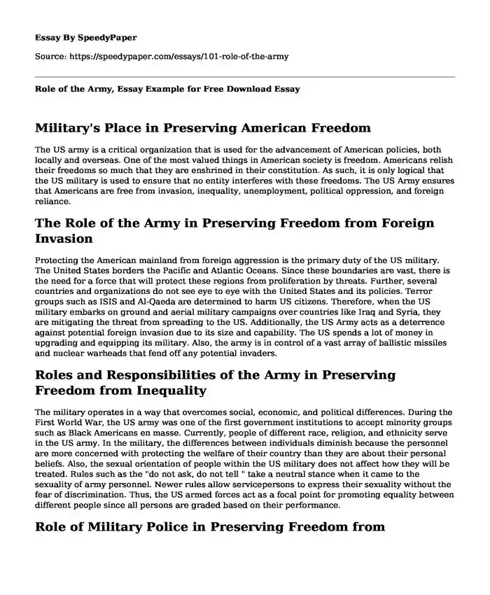 Role of the Army, Essay Example for Free Download