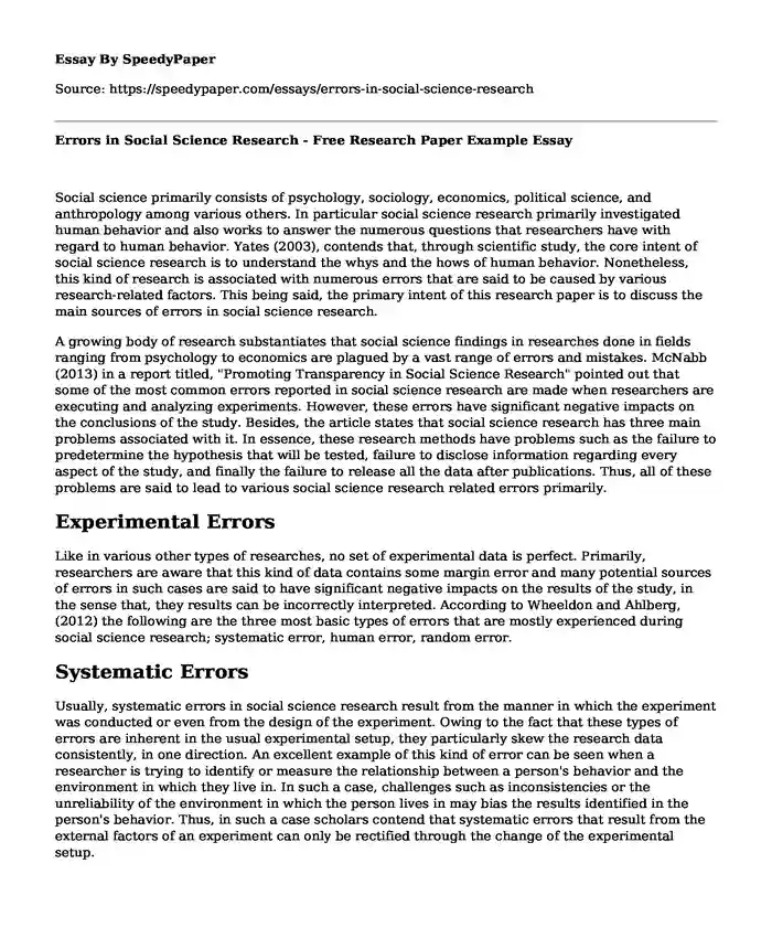 Errors in Social Science Research - Free Research Paper Example