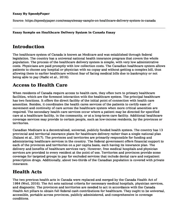 Essay Sample on Healthcare Delivery System in Canada