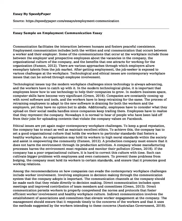Essay Sample on Employment Communication