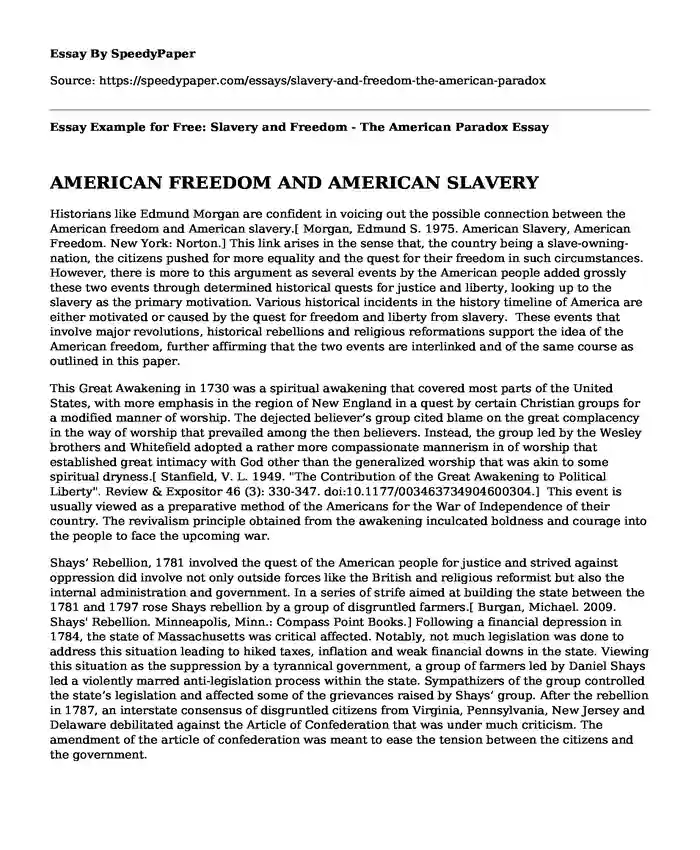 Essay Example for Free: Slavery and Freedom - The American Paradox