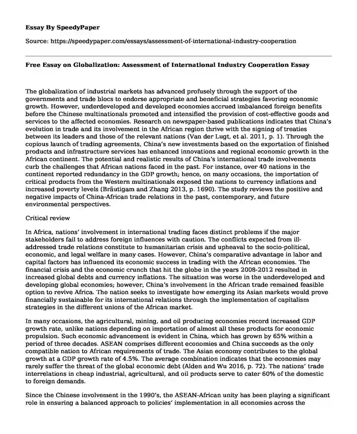 Free Essay on Globalization: Assessment of International Industry Cooperation