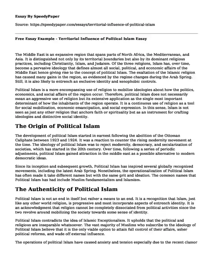 Free Essay Example - Territorial Influence of Political Islam