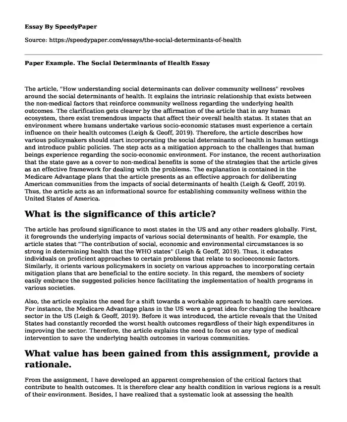 Paper Example. The Social Determinants of Health