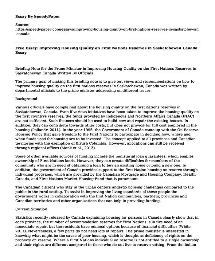 Free Essay: Improving Housing Quality on First Nations Reserves in Saskatchewan Canada