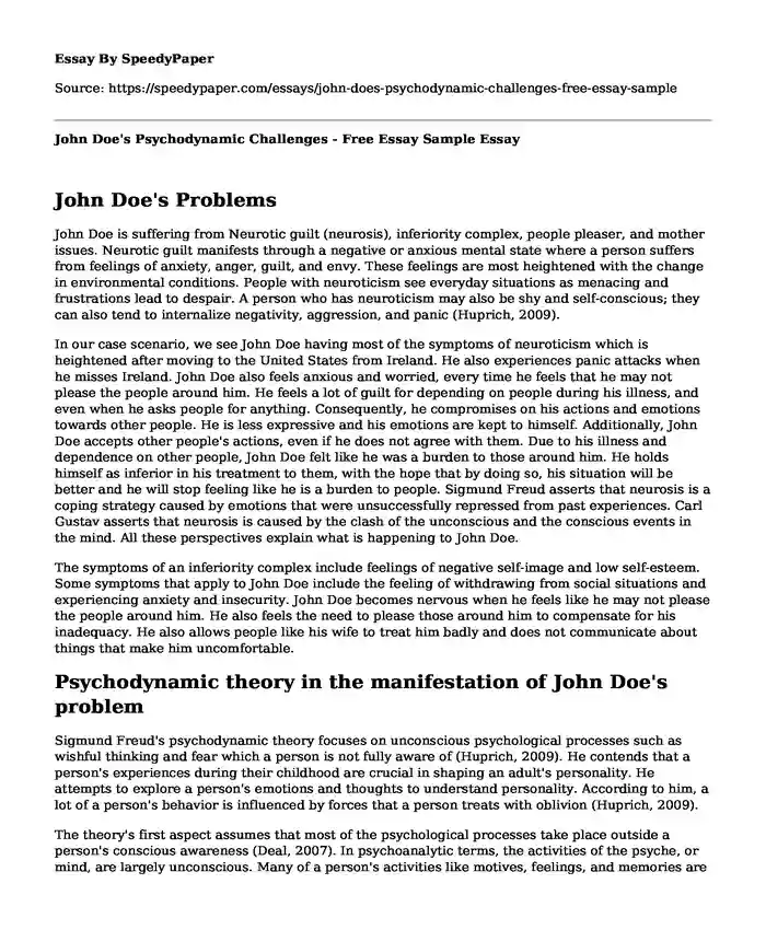 John Doe's Psychodynamic Challenges - Free Essay Sample