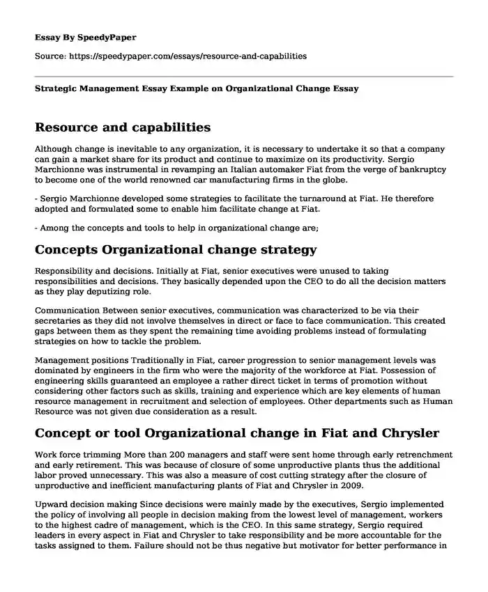 Strategic Management Essay Example on Organizational Change