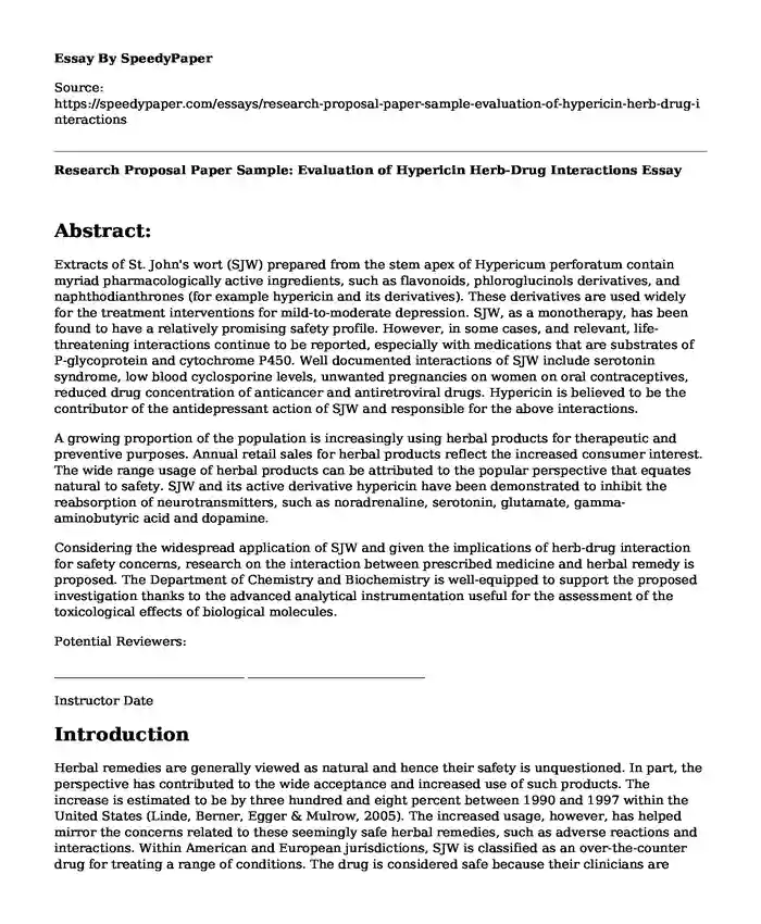Research Proposal Paper Sample: Evaluation of Hypericin Herb-Drug Interactions